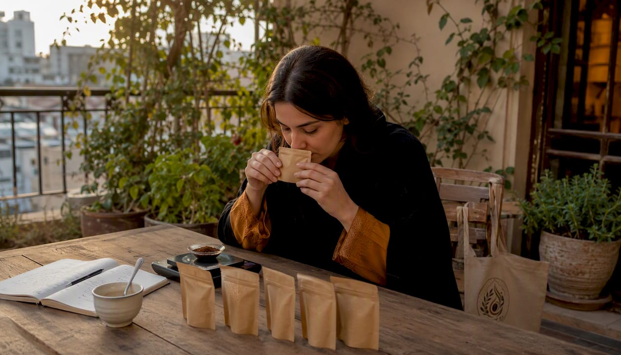 Woman smelling coffee sample in home kitchen