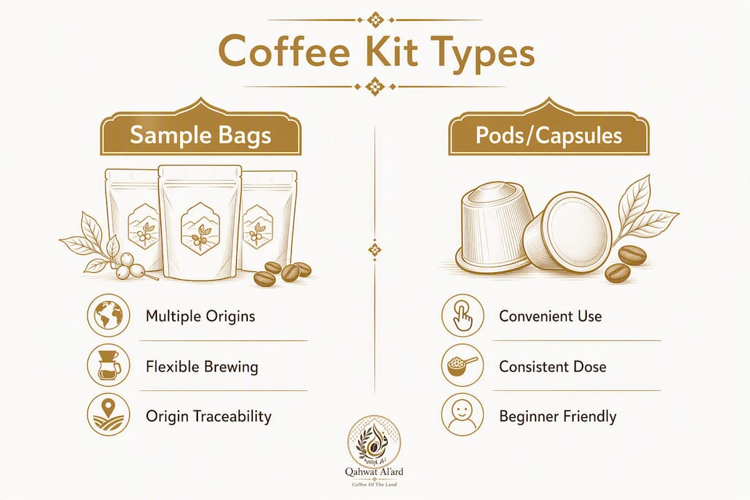 Infographic comparing coffee sample bags and pods
