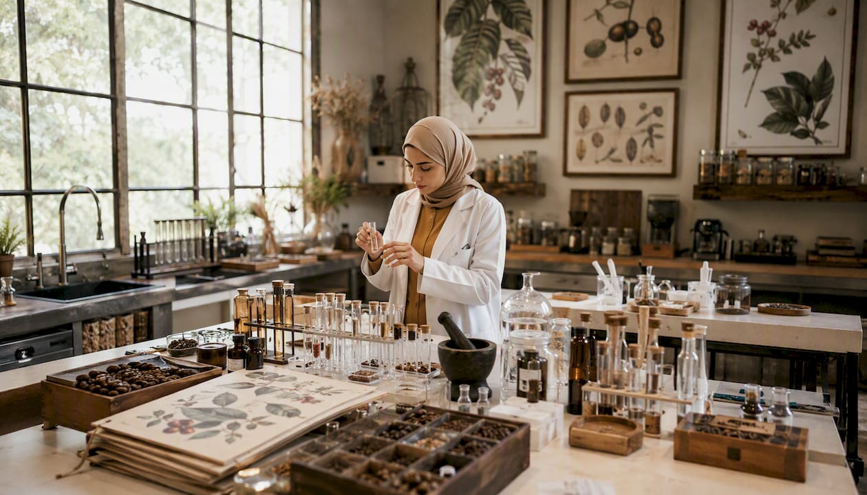 Researcher analyzing aroma samples in lab
