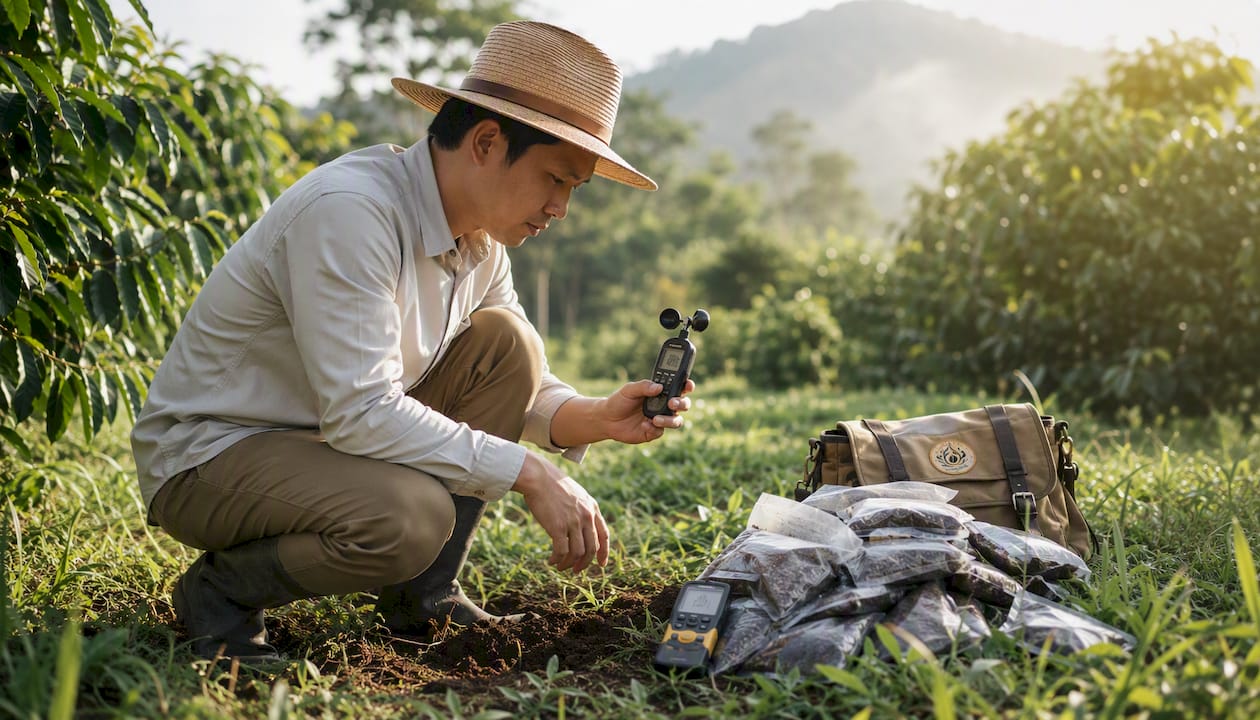 Agronomist collecting soil and climate data outdoors