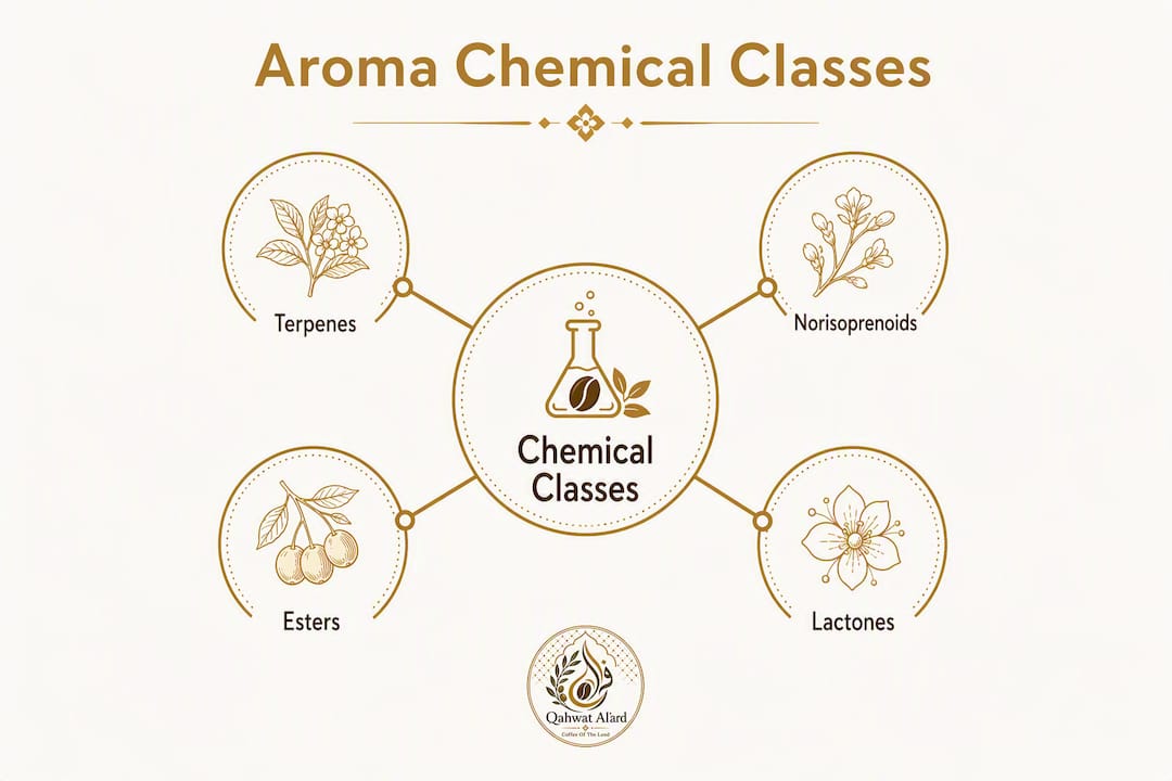 Infographic depicting chemical classes encoding aroma origin