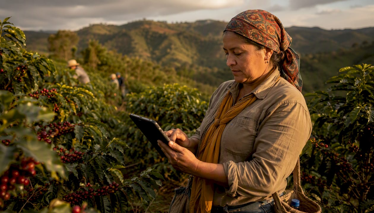Coffee farmer using tablet to record harvest data