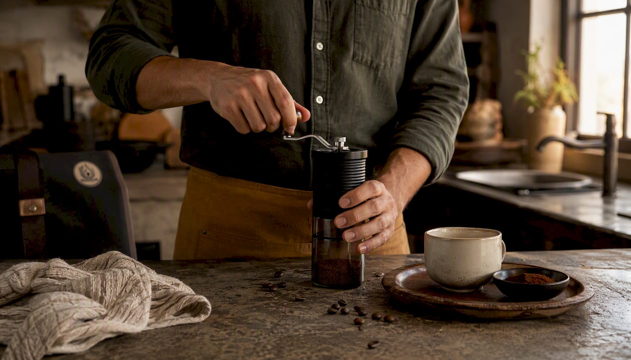 Hands grinding coffee beans at home kitchen
