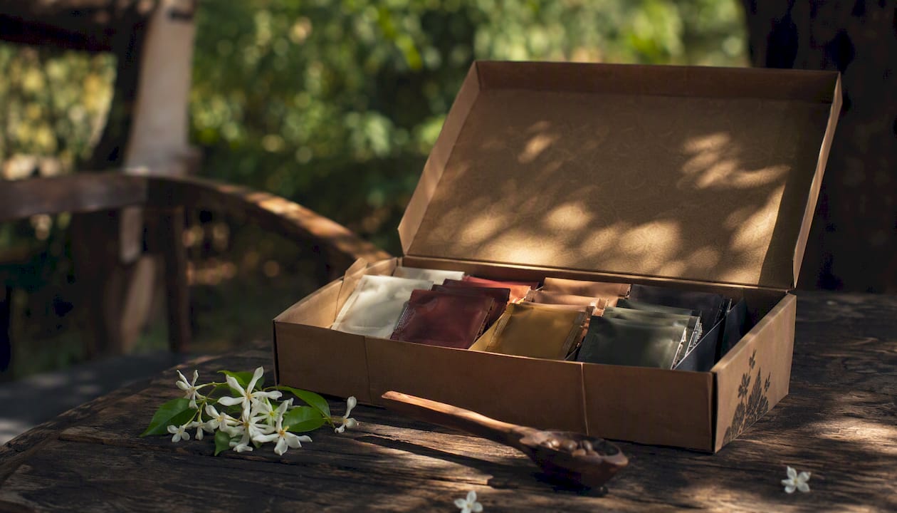 Coffee sample pack on rustic table