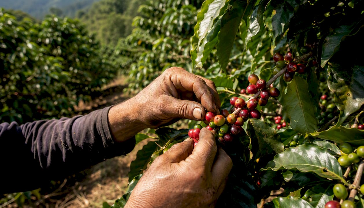 Hands picking ripe coffee cherries close-up