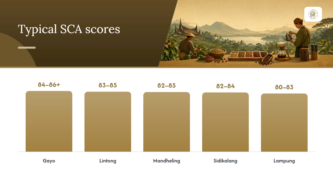 Comparison of Sumatra coffee varieties by altitude, score and processing