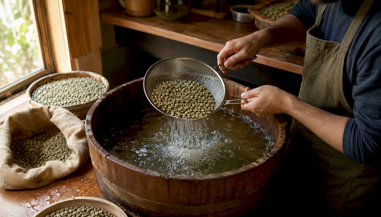 Hands rinsing green coffee beans with solvent during decaf process
