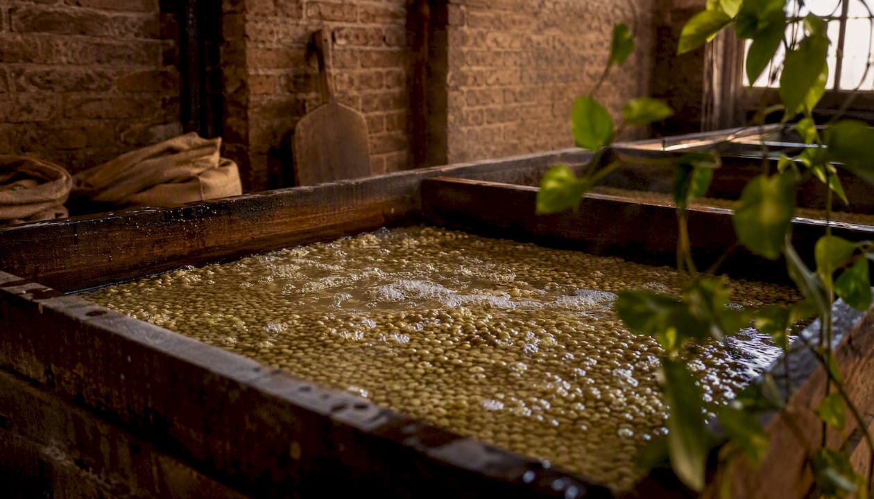 Green coffee beans soaking in water during Swiss Water Process
