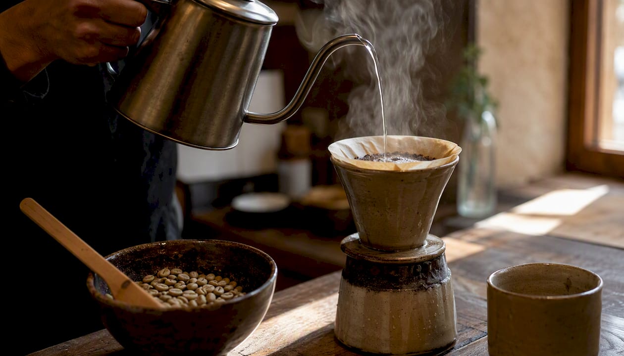 Kettle pouring water over coffee in ceramic dripper