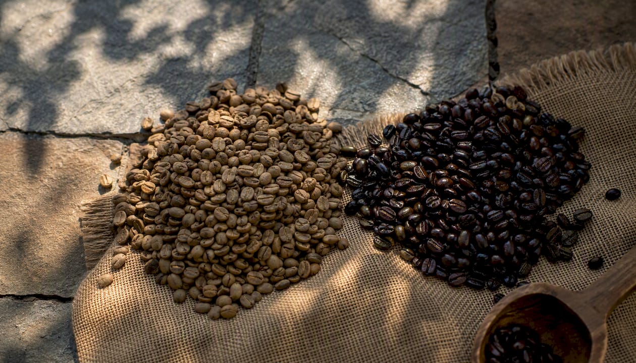 Light roast and dark roast coffee beans side by side