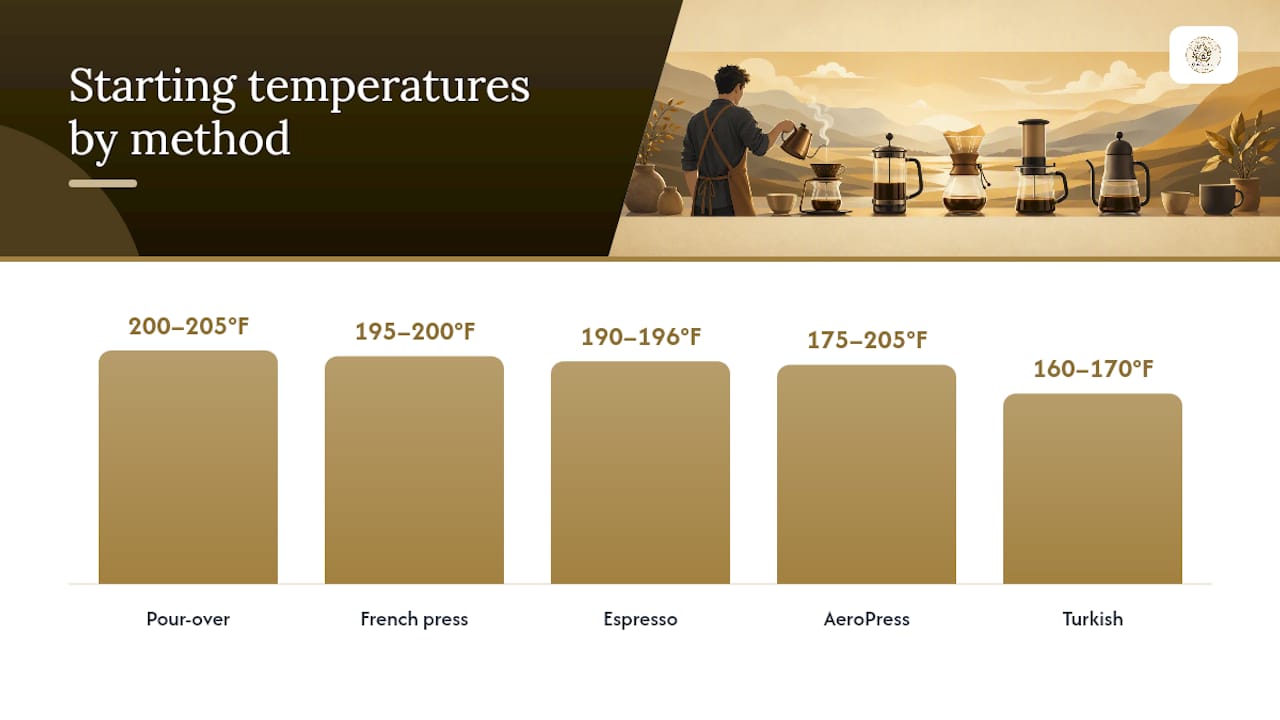 Diagram of recommended temperatures by coffee brewing method