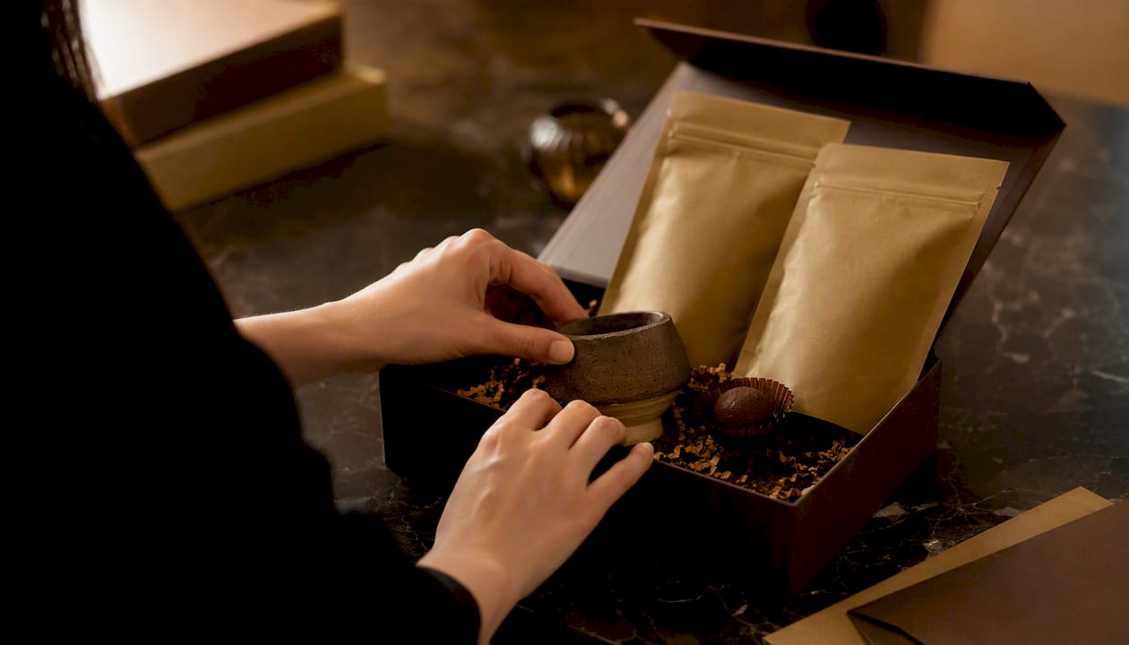 Arranging coffee gift box contents for presentation