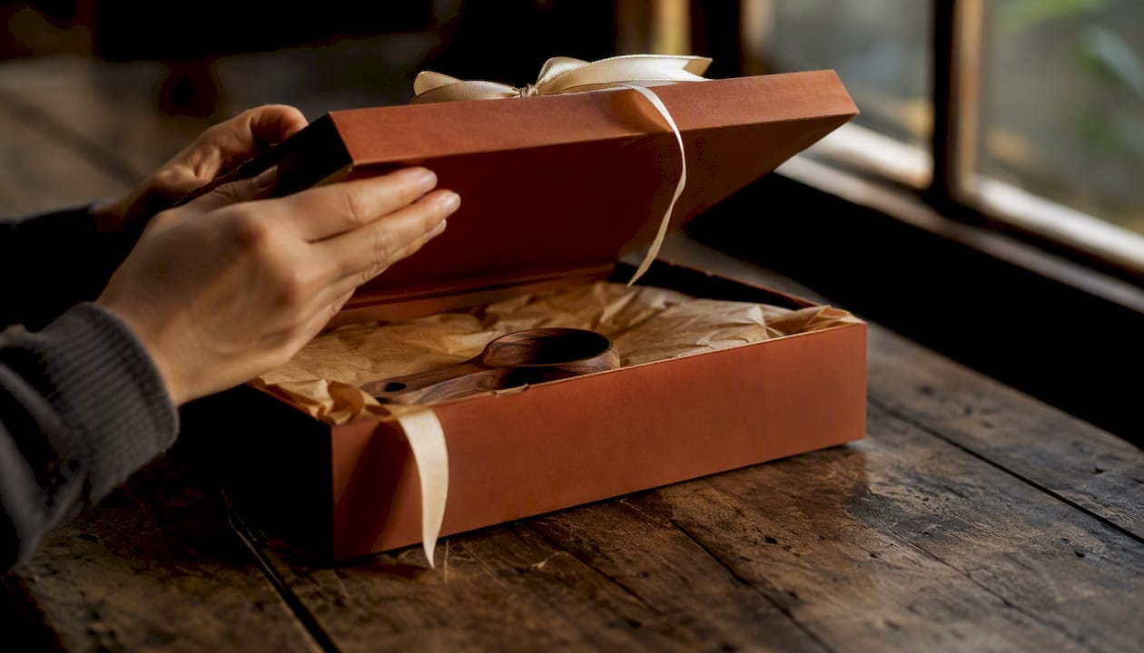 Unboxing premium coffee gift with magnetic-closure box