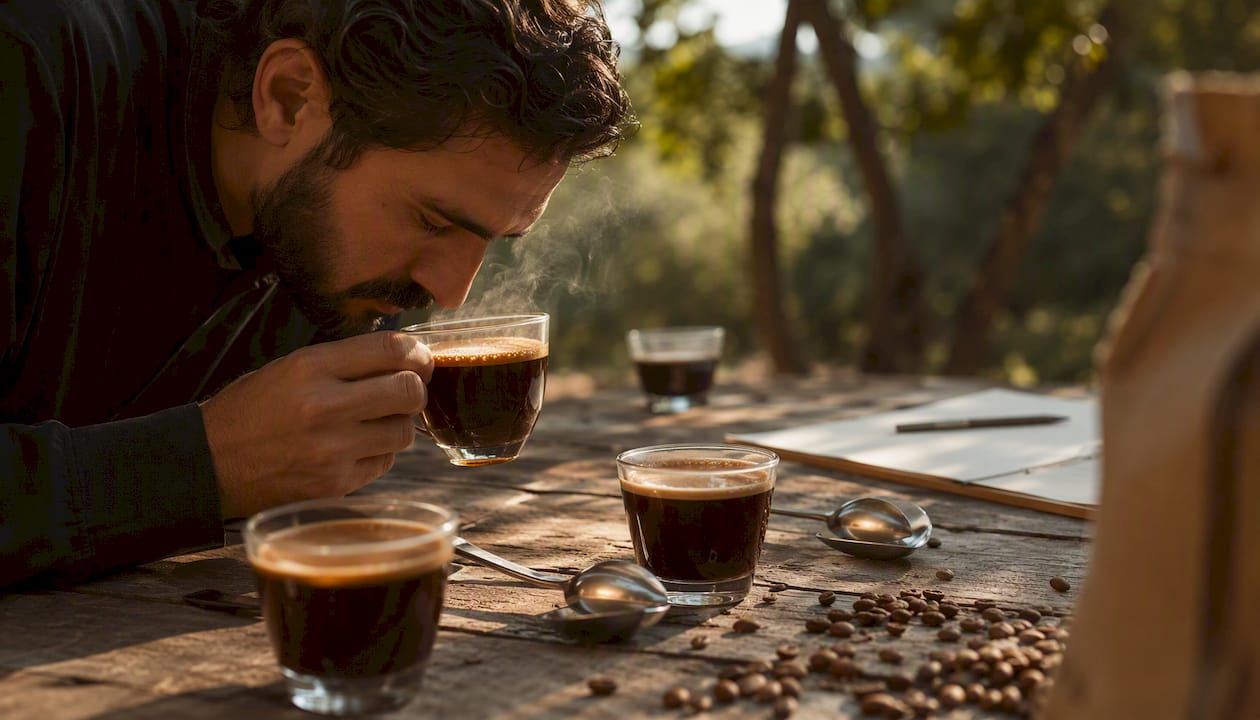 Coffee grader smelling freshly brewed coffee