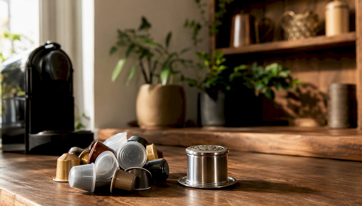 Stainless steel pod beside used single-use capsules