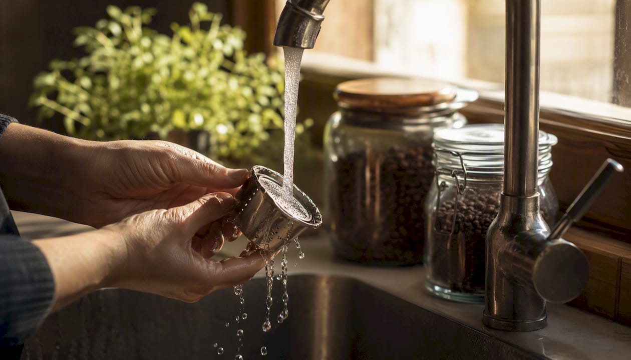 Hands rinsing reusable coffee pod under faucet
