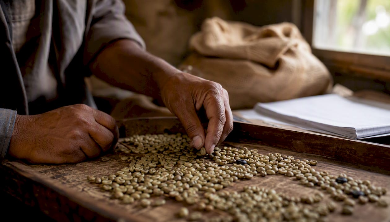 Hands sorting green coffee beans for defects