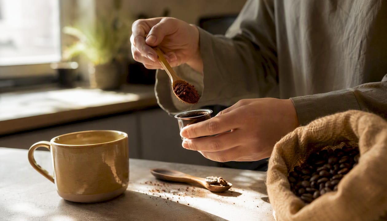 Hands filling reusable coffee pod with ground coffee