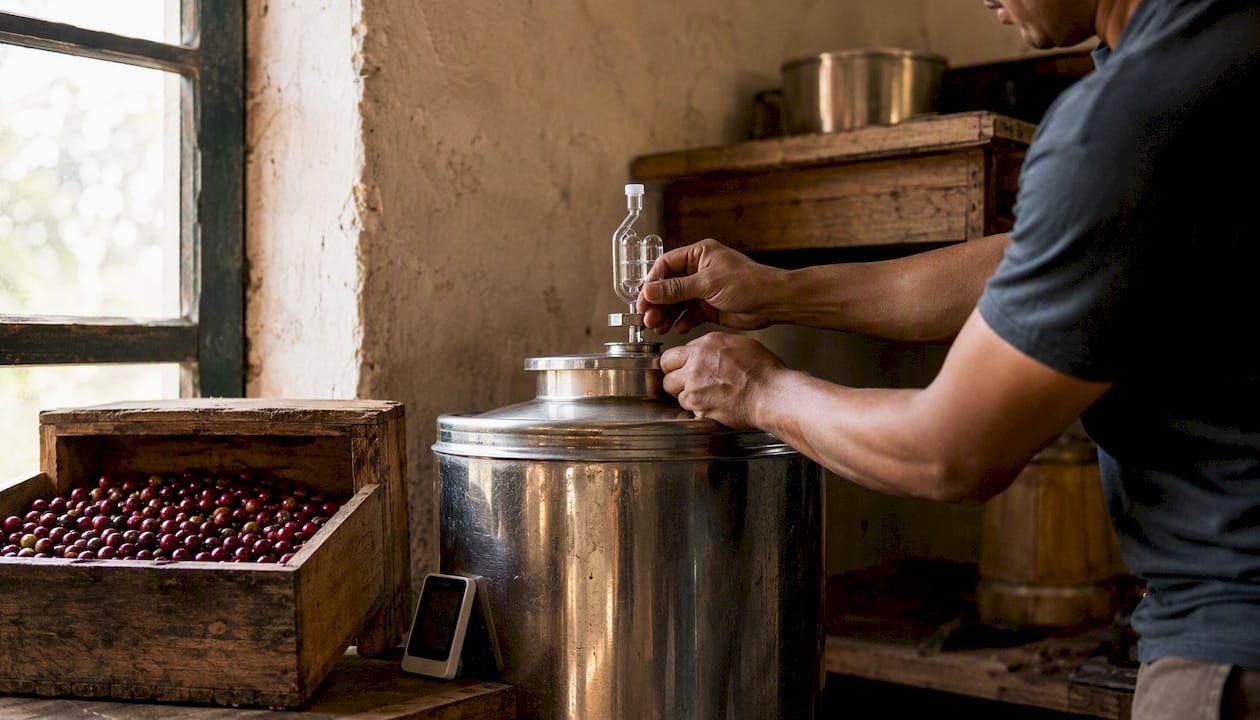 Worker sealing anaerobic fermentation tank on coffee farm