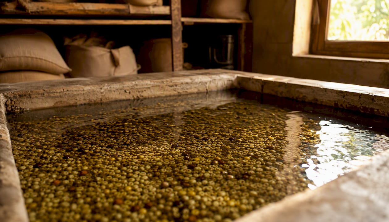 Close-up of washed coffee beans soaking in fermentation tank