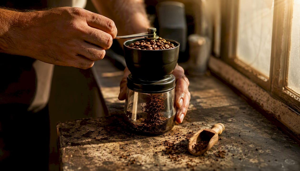 Hands grinding coffee beans with burr grinder