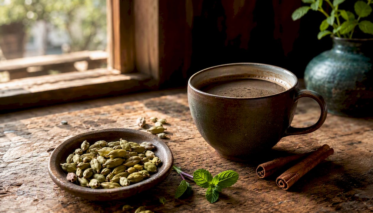 Las vainas de cardamomo junto a una taza de café recién hecho, una combinación que destaca por sus múltiples beneficios para la salud.