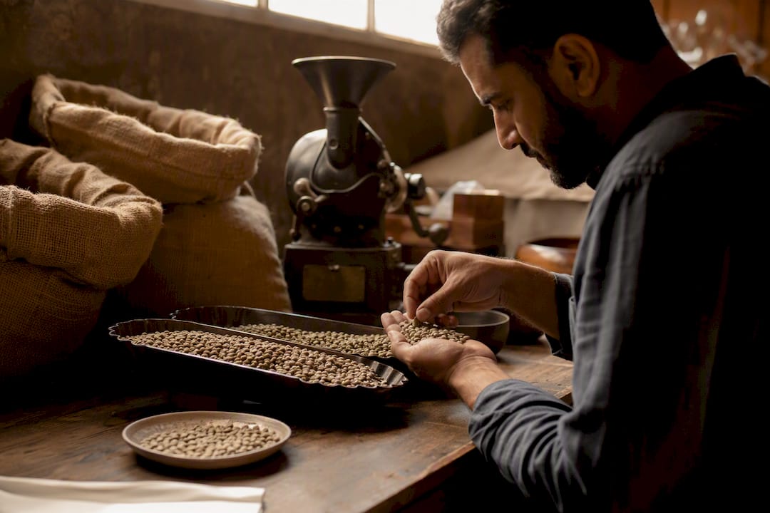Roaster examining green coffee beans from a cooperative