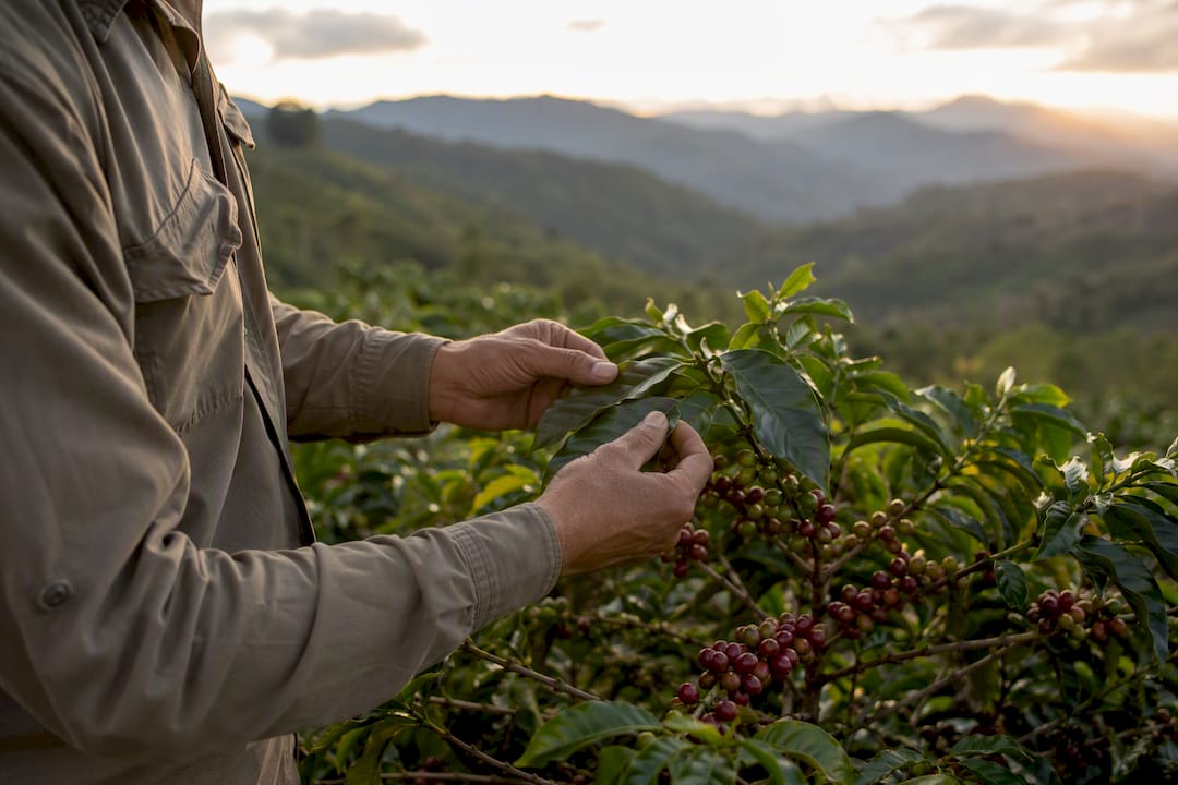 Manos revisando las plantas de café durante una inspección