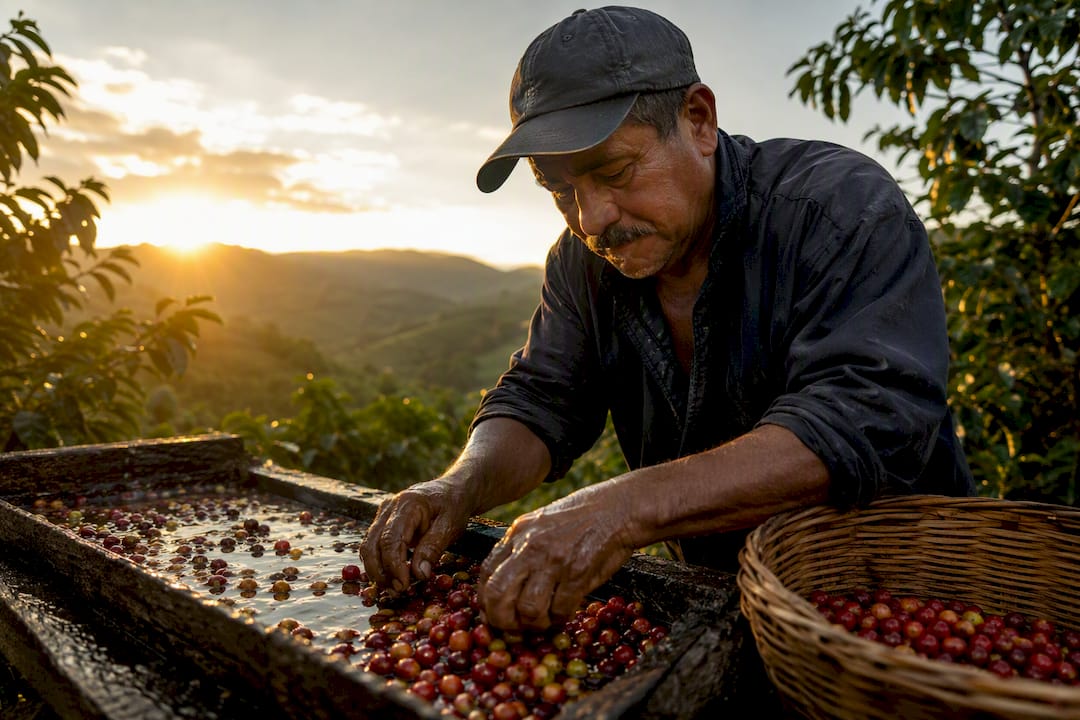 Worker sorting ripe coffee cherries at wet mill