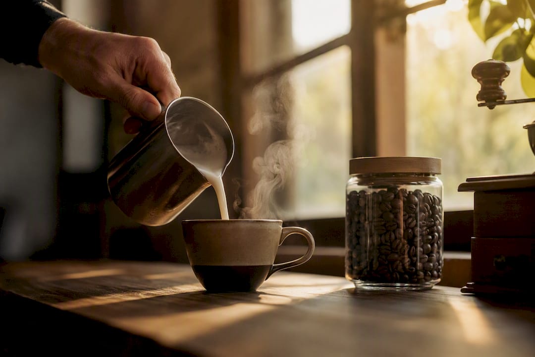 Espumando leche para un latte con base de espresso