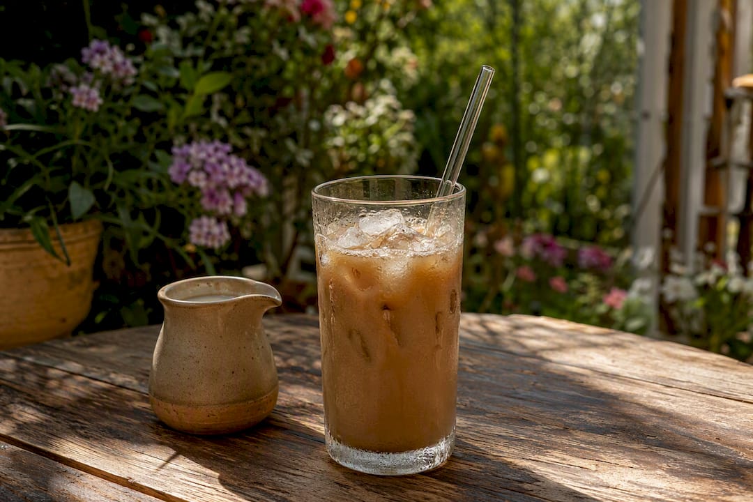 Iced coffee glass on porch table