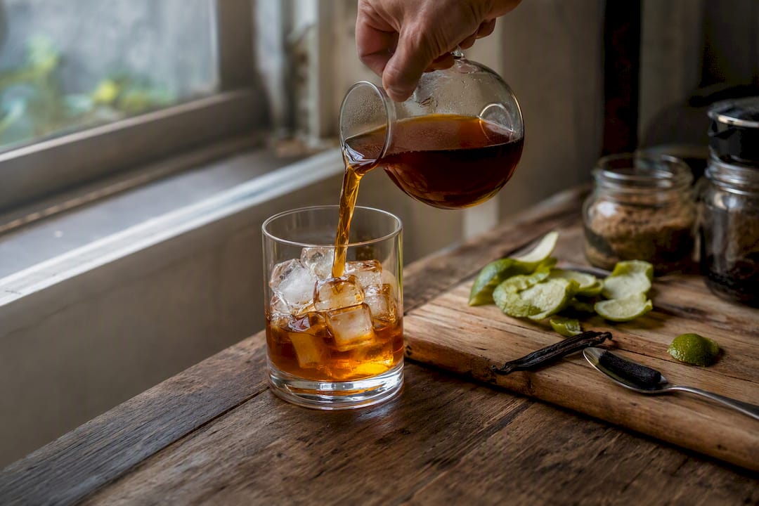 Versement de concentré chaud d'Earl Grey sur des glaçons