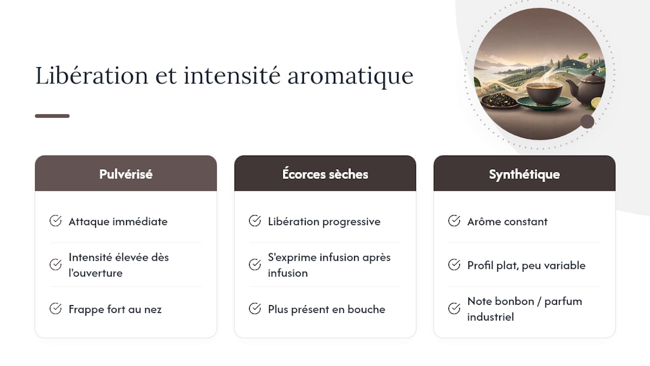 Schéma illustrant les profils de libération d'arômes de l'huile de bergamote comparée à l'écorce séchée