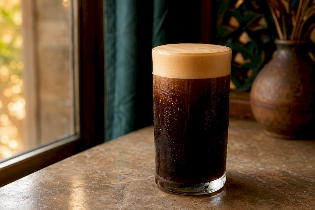 Primer plano de un vaso de nitro cold brew con espuma