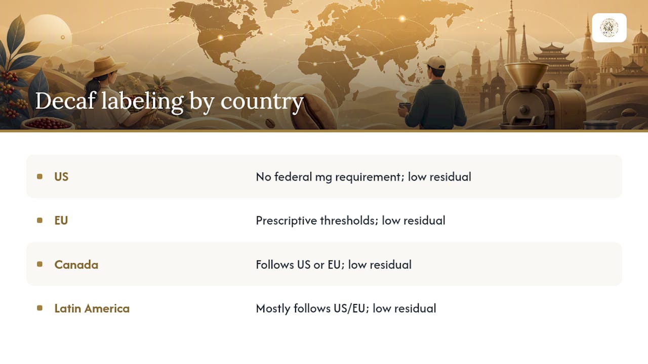 Comparison of decaf caffeine labeling regulations by region