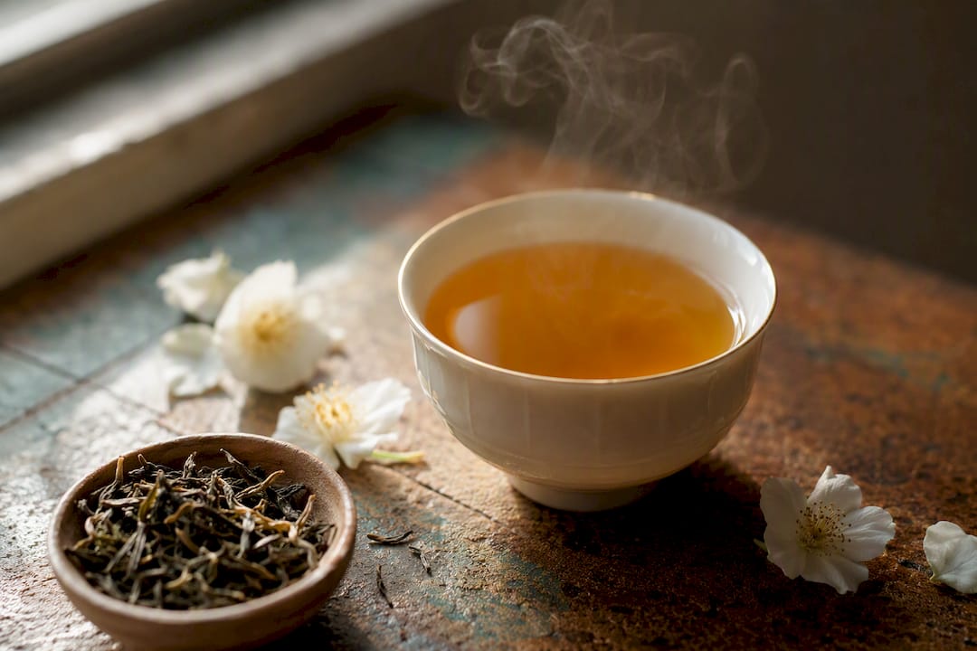 Taza de porcelana con té Darjeeling de primera cosecha, de color claro