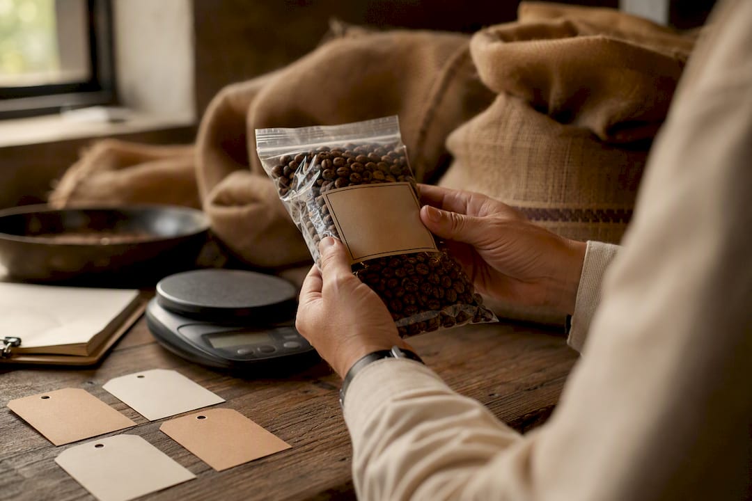 Inspecionando embalagem de café para garantir rastreabilidade