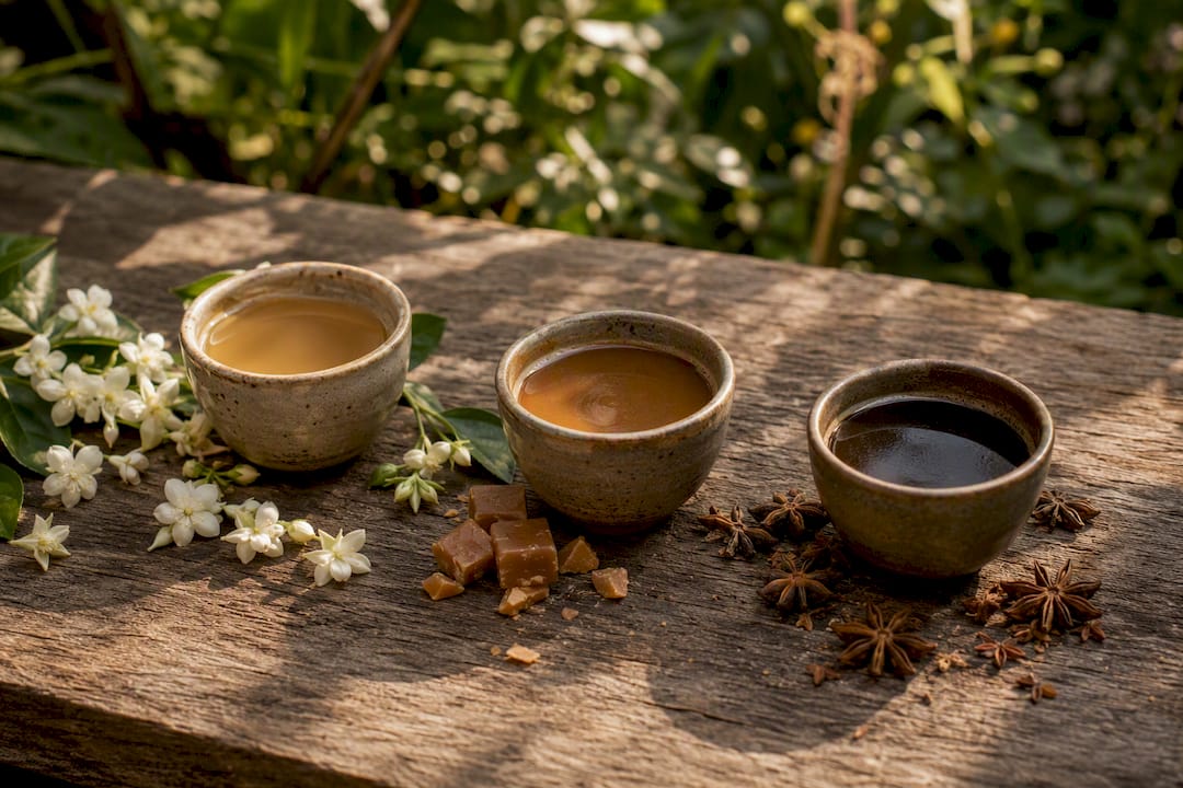 Trois tasses de café accompagnées d’accessoires aromatiques selon l’origine