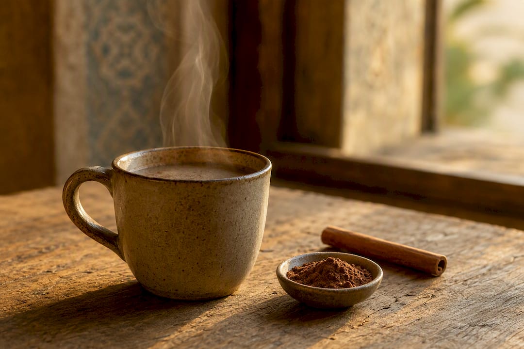 Taza humeante de café con aromas terrosos y especiados