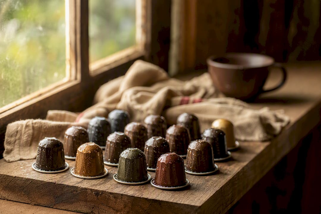 Cápsulas de café secando em suporte de madeira