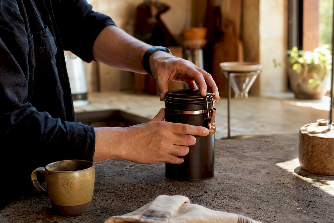 Hands sealing airtight coffee canister on humid kitchen counter