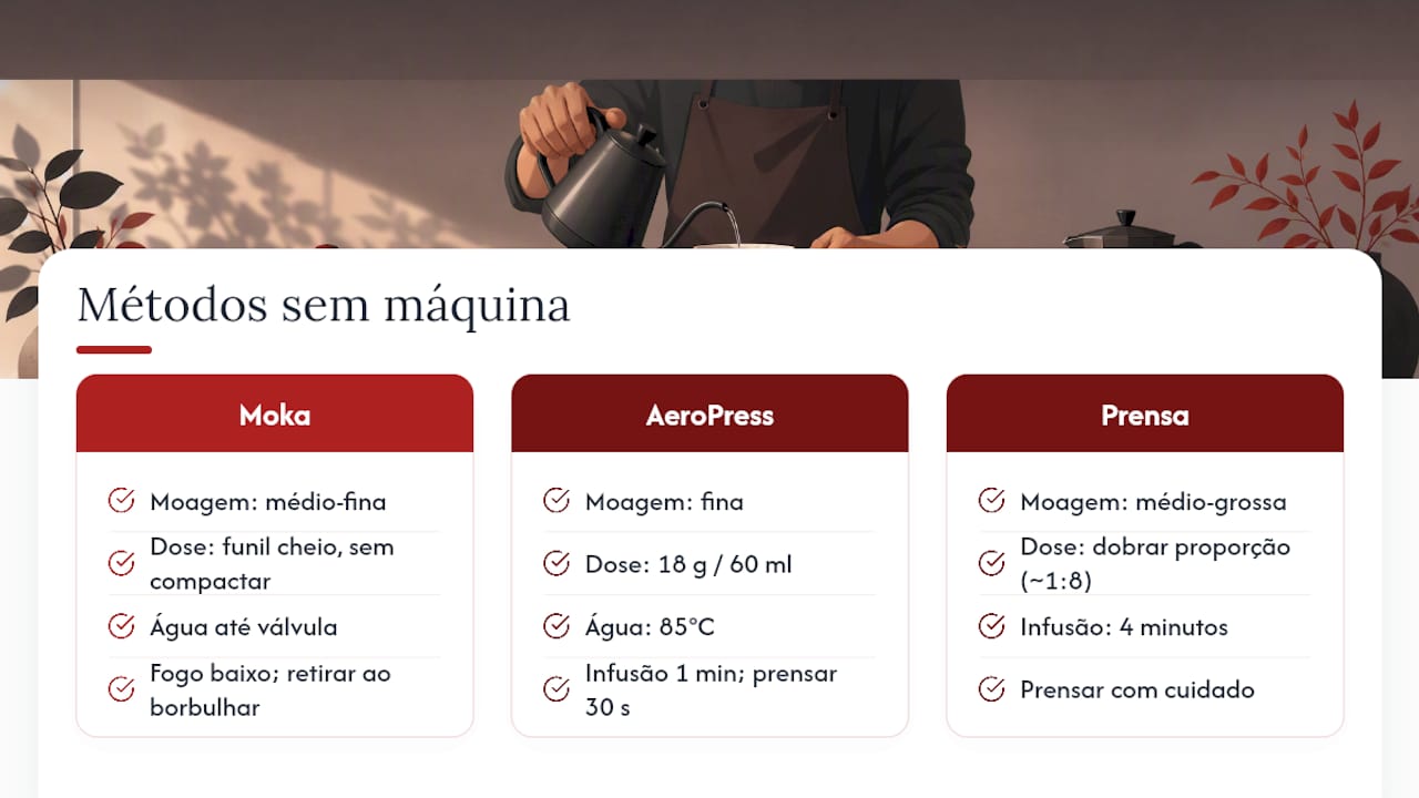 Como fazer espresso sem máquina: moka, AeroPress e prensa francesa — overview diagram