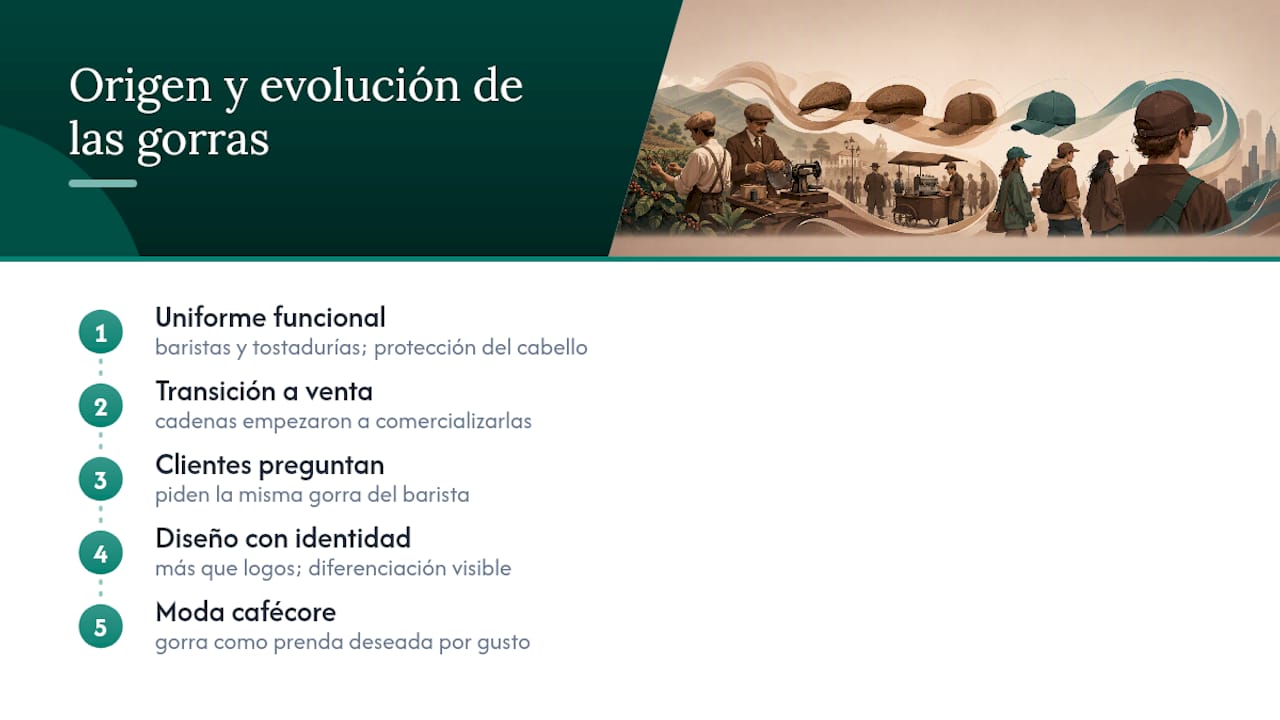 Historia y origen de las gorras de café como merchandising — overview diagram