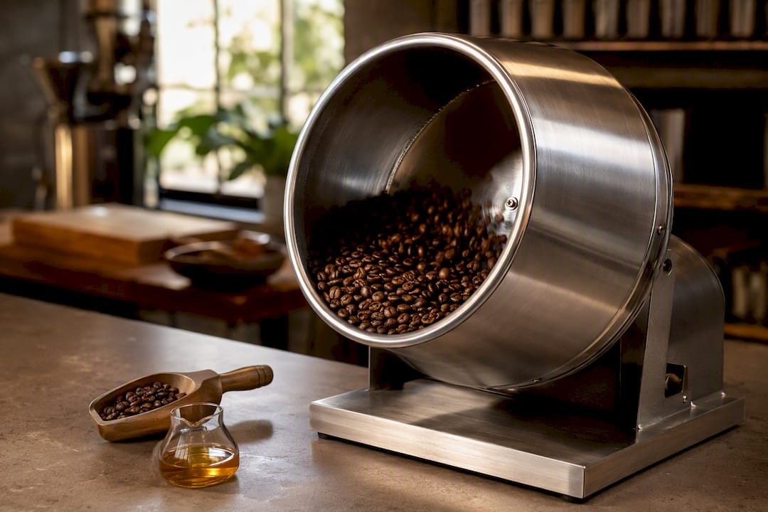 Roasted beans being coated with flavor oil