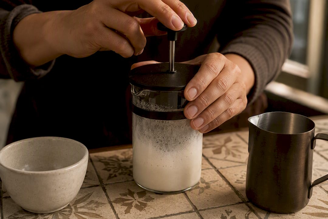 Mãos fazendo espuma de leite na French press