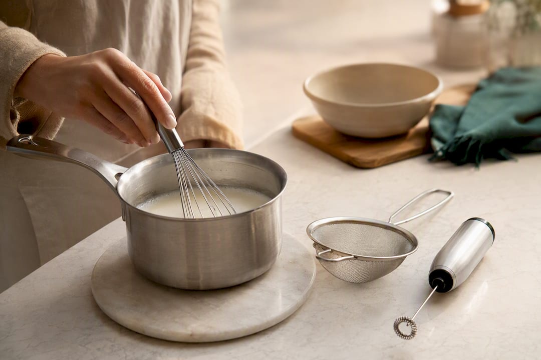 Casserole et accessoires pour préparer un chai latte