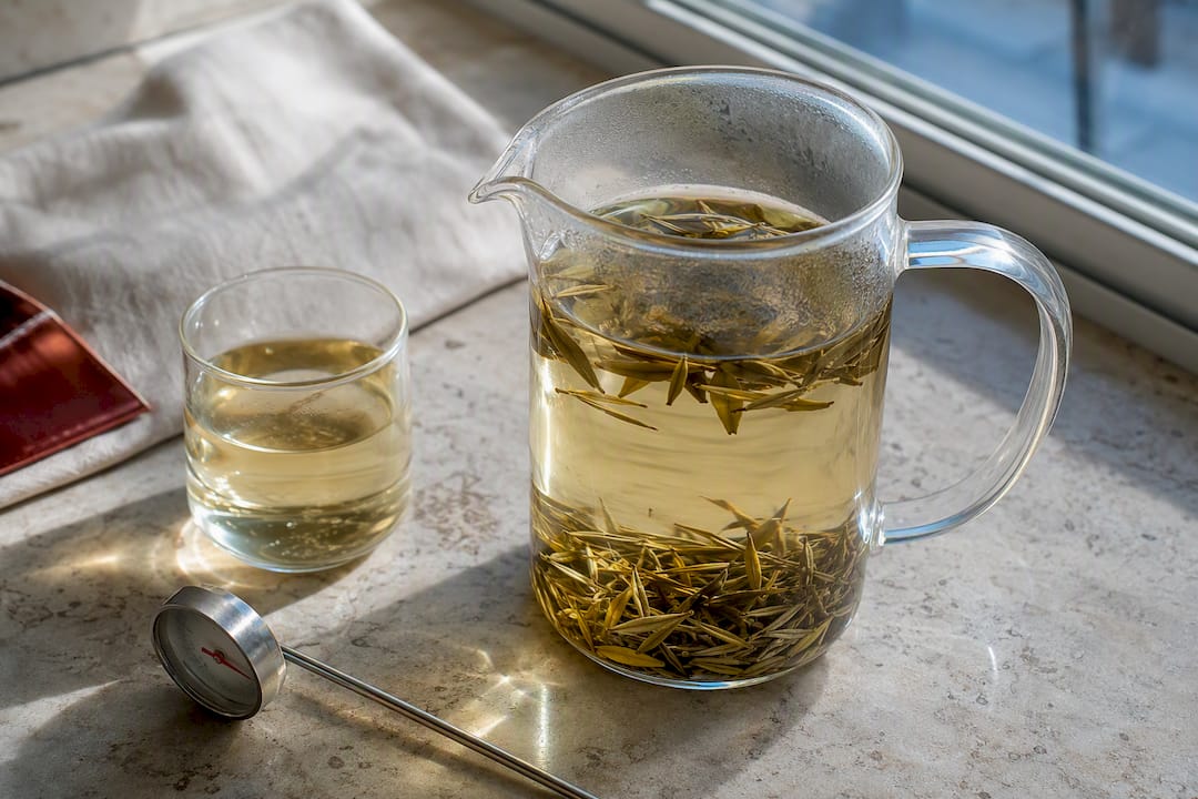 Jarra de chá branco em infusão fria
