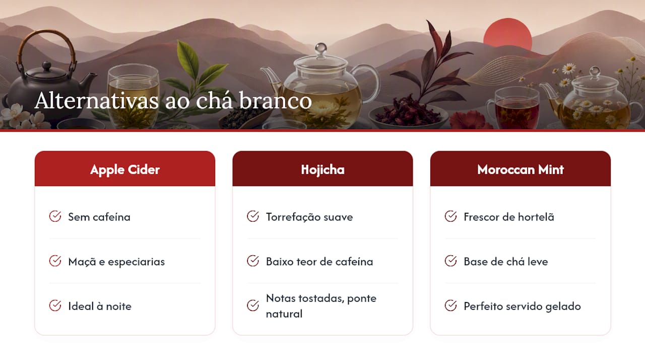 Opções de chá branco e alternativas para experimentar — overview diagram