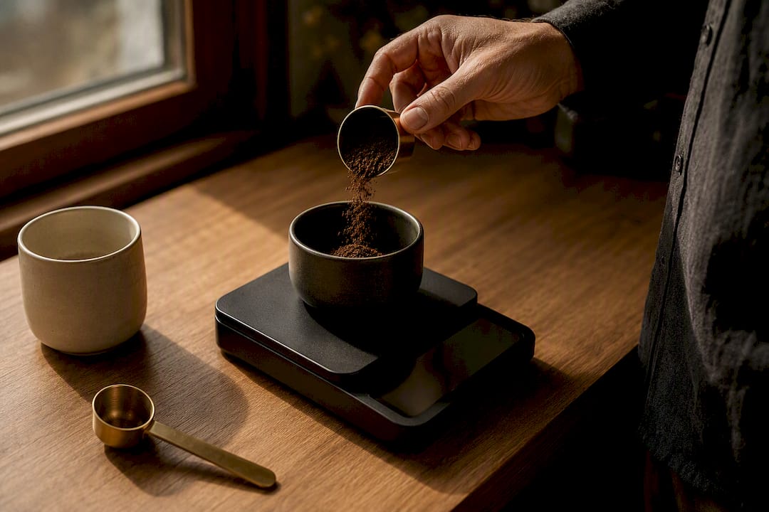 Ground coffee being weighed on a kitchen scale