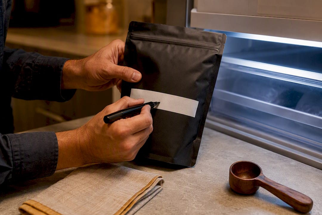 Hands labeling a coffee pouch for freezing